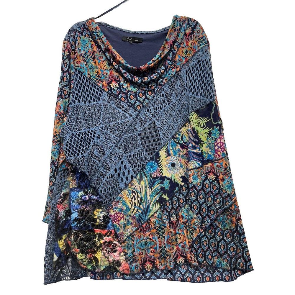 Caleaas Womens XL? Blue Paisley Embroidered 3/4 Sleeve Pullover Top (K4)